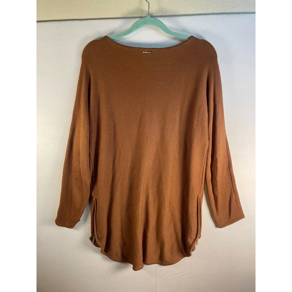 Michael Kors Cognac Brown Side Zip Tunic Sweater Gold Hardware Large